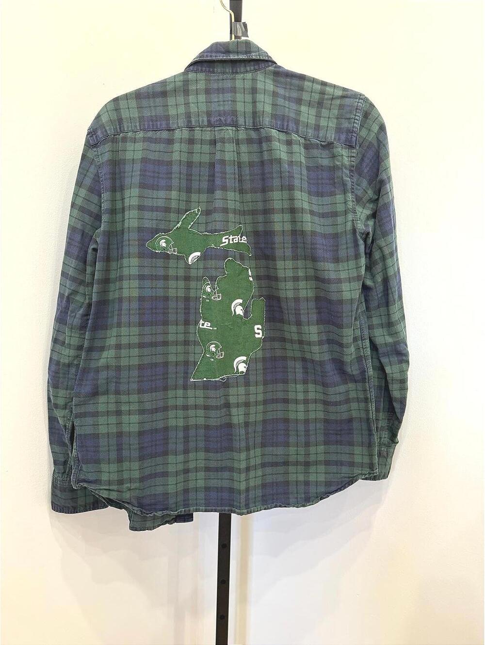 MSU Green and Blue Plaid Flannel Shirt with Michigan State Patch Gap Medium